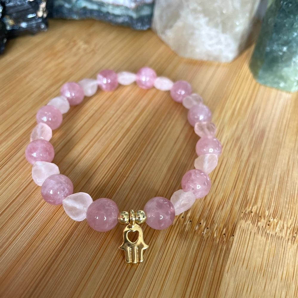 Madagascar Rose Quartz Heart Stretch Bracelet - Picture 3 of 8
